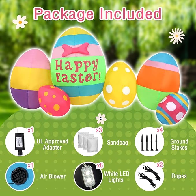 Gardentime 6 FT Long Easter Eggs Inflatable Decorations Outdoor Indoor Blow Up Colorful Easter Eggs Holiday Party Decor for Yard, Lawn, Garden, Patio