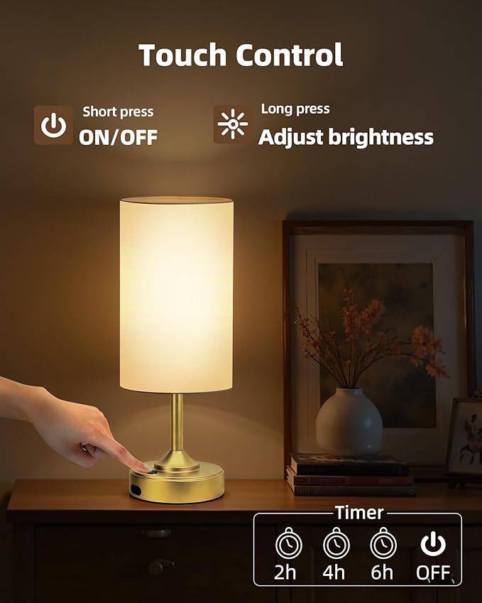 Battery Lamp, Dimmable, Ambient Light, 2700K, Timer, Touch Control, Portable, LED, Battery Operated, Rechargeable, Wireless, Cordless, Desk Lamp, Kitchen Lamp, Fabric Shade, for Bedroom, Living Room