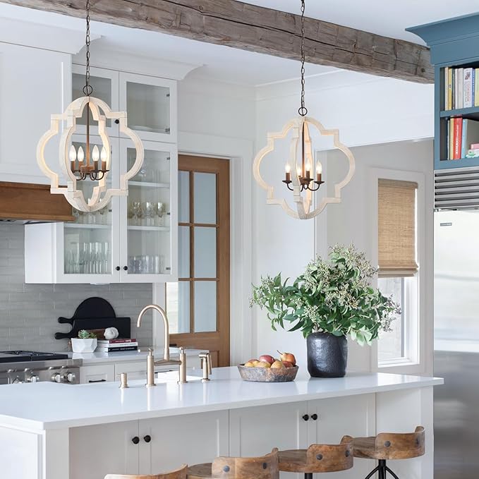 21.7" Oak Farmhouse Chandeliers for Dining Room Light Fixture Orb Distressed White Wood Pendant Light Kitchen Chandeliers over Table Ceiling Hanging Light for Island Living Room Bedroom Entryway Foyer