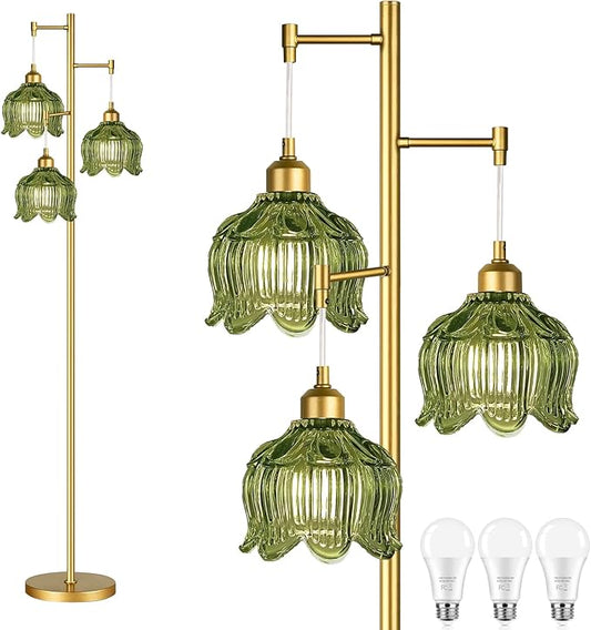 Glass Floor Lamp for Living Room,Bedroom,Gold Mid Century Modern Standing Lamp Brass Tree 3 Light Tall Floor Lamps Vintage Retro Floor Lights Green Flower Lamp Shade Farmhouse Boho Bohemian