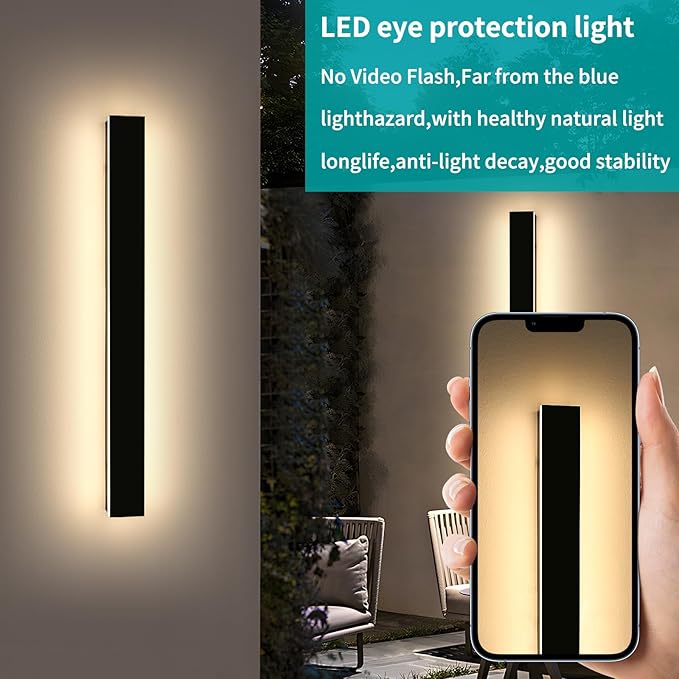 Mikeru 3CCT Dimmable Outdoor Wall Sconce 47.2" IP65 Waterproof -2Pack Modern Black Exterior Light with Remote Control, Adjustable 3000K/4500K/6000K for Porch, Patio & Commercial Spaces | Hardwired