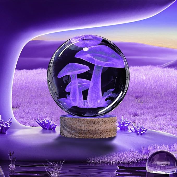 3D Crystal Ball Night Light with Wooden Base, Mushroom Glass Ball Lamp with 16 Colors and Remote Control - Cool Desk Decor Gift for Kids and Friends