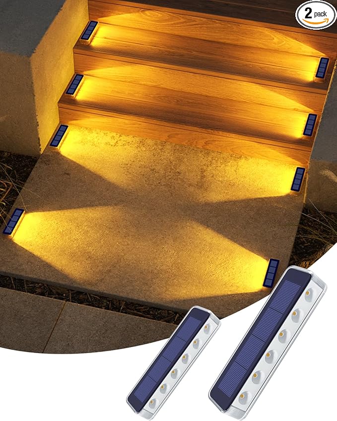 Solar Step Lights for Outside, 2 Pack Solar Stair Lights, Warm White Outdoor Deck Light Waterproof, Outdoor Light Solar Powered for Deck, Dock, Pathway, Porch, Path, Ground, Backyard