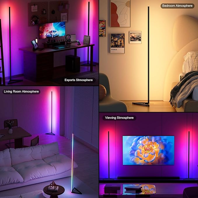 Corner Floor Lamp, 1 Pack LED Corner Lamp with APP and Remote Control, 16 Million DIY Colors & Warm White, Music Sync, Timing Function, Color Changing Ambient Lights for Living Room, Bedroom, Gaming