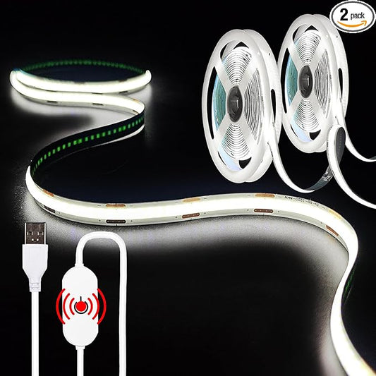 2Pack USB LED Light Strip, 6000K White COB LED Strip Lights, 3.28FT TV Lights Flexible Small Led Lights with Touch Switch Controller White 5V LED Strip Light for TV Backlight Bedroom