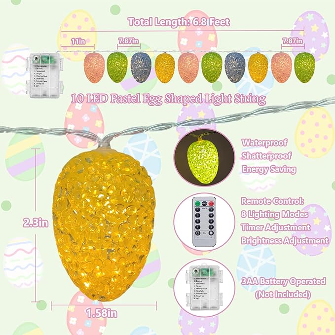 Easter Egg String Lights Battery Powered 6.8Ft Easter Lights String 10 LED Egg Shaped Light with Timer, Outdoor Pastel Light for Indoor Home Party Spring Themed Bedroom Fireplace Decor