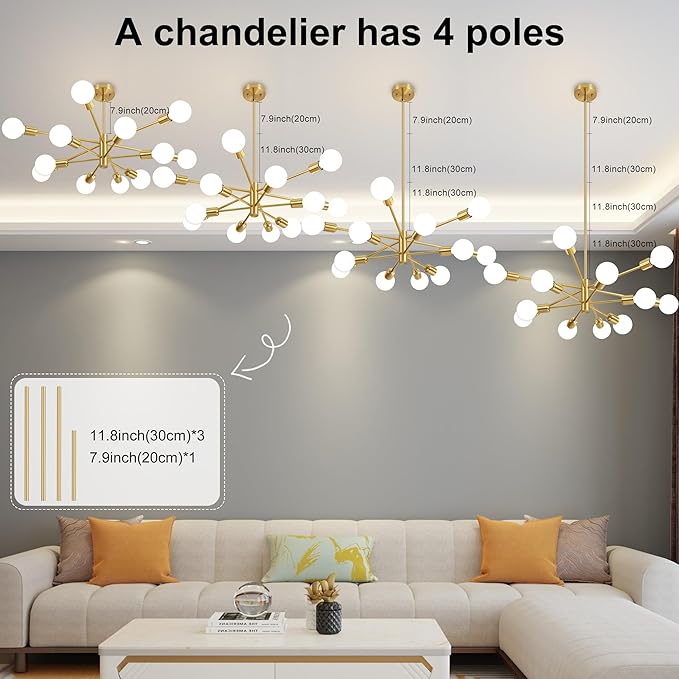 Modern Chandelier Gold Chandeliers 12-Light Mid Century Sputnik Ceiling Lighting Fixture for Living Room, Kitchen, Bedroom, Dining Room, Farmhouse