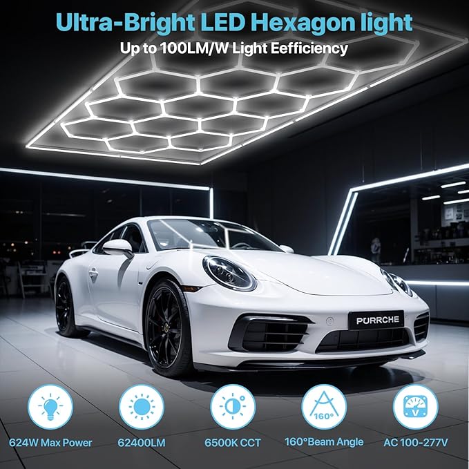 HYPERLITE Gen 2 Hexagon Garage Light, Upgraded 3 Level Dimmable 624W 62400LM Super Bright Garage Detailing Lights, 15 Grids with Rectangle Frame Shop Light, Hexagon LED Lights for Gym