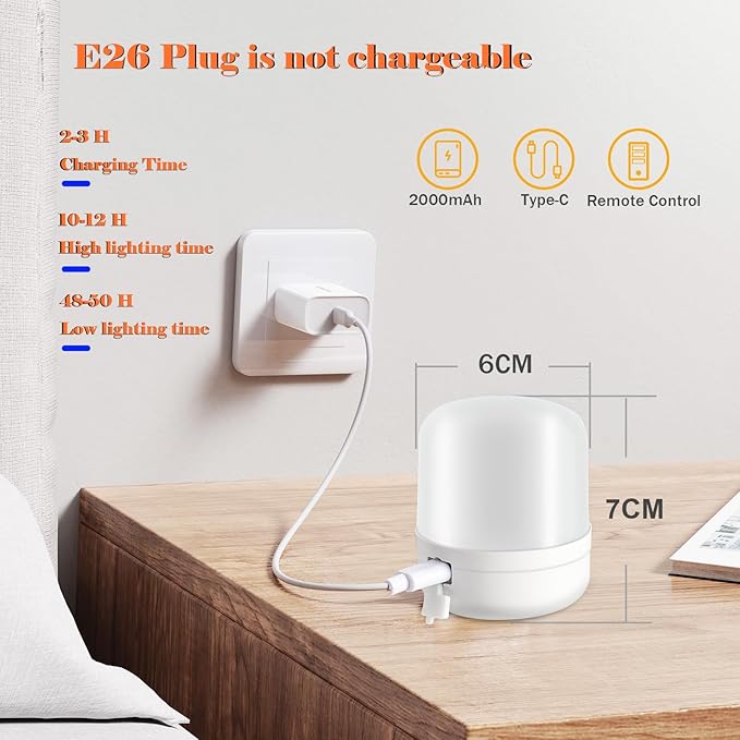 Wireless Bedside Table Lamp with 2Pcs E26 Rechargeable Battery Bulb, Remote Control, Dimmable, Timer, Cylindrical Light for Living Room, Bedrooms, Reading, Night Lighting