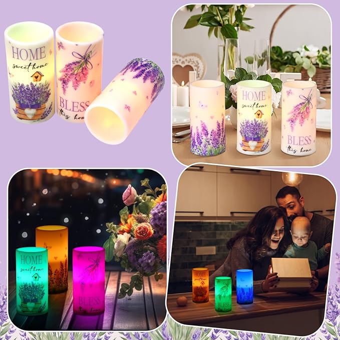 3 Pcs Purple Lavender Flameless Candles with Remote Color Changing Battery Operated LED Pillar Bless This Home Candles for Spring Lavender Easter Living Room Farmhouse Kitchen Decor