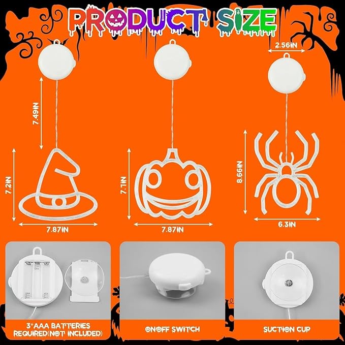 BHCLIGHT 3 Pack Halloween Window Lights Orange Pumpkin Purple Witch Hat Green Spider Battery Operated, Window Light with Suction Cup and Timer Function for Indoor Outdoor Halloween Party Decorations