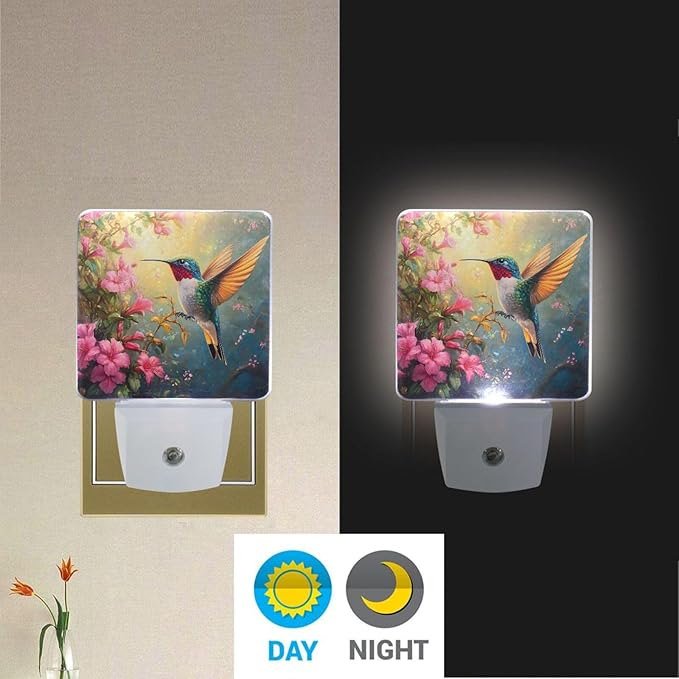 Spring Hummingbird Flowers Night Light 2 Pack Dusk to Dawn Sensor Led Lamp for Women Men Night Lights Plug into Wall Decor for Bedroom Kitchen Corridor, 0.5W