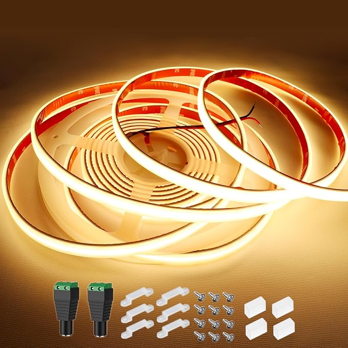 COB LED Strip Lights Waterproof IP67 Warm White 3000K DC12V 16.4ft/5m 480LEDs/m Dimmable Flexible LED Tape Lights for Bedroom Living Room Wedding Outdoor DIY Lighting