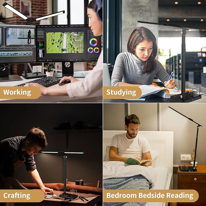 LED Desk Lamp, Dual Heads, Height Adjustable, USB Charging Port, 5 Light Modes & Dimmable Brightness, Bedside Lamp for Reading, Craft, Work, Study (Black, 15W)