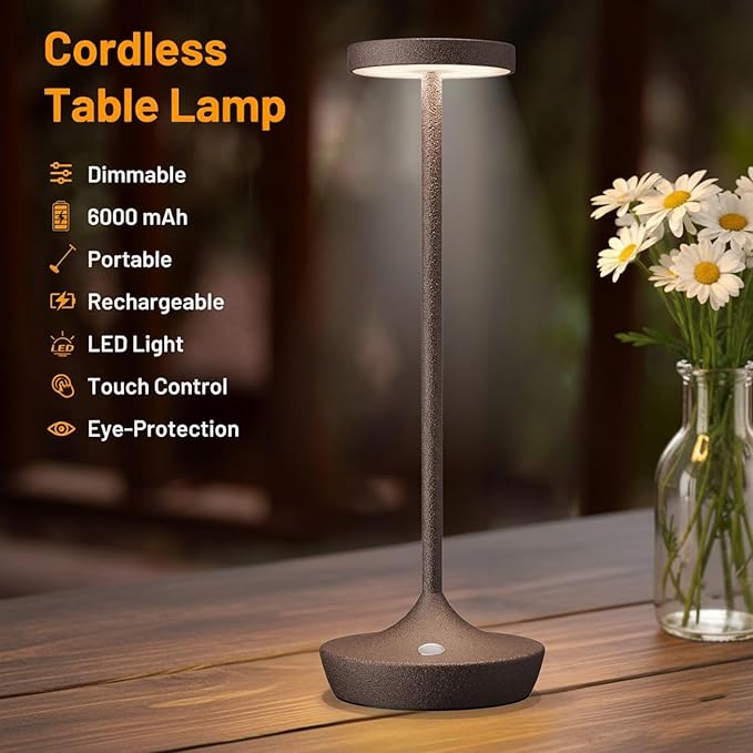 Rechargeable Cordless Table Lamp, LED Portable Powered LED Battery Light 6000mAh USB Desk Lamp Outdoor Waterproof Table Lamps for Patio Restaurant Dining (2 Rust)