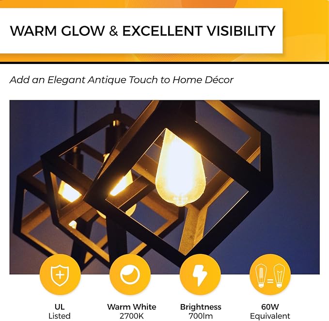 Hizashi Vintage LED Edison Bulb Dimmable, 6W Equivalent 60W, 2700k Warm White, E26 Base Led Light Bulbs, 700LM, High CRI 95+ Eye Protection, Clear Glass, Pack of 12