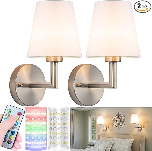 Battery Operated Wall Sconces Set of 2, Wireless Wall Light with 10000mAh RGB Dimmable Magnetic Bulb, Rechargeable Wall Sconce with Remote Control for Bedroom Living Room