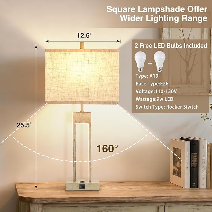 GyroVu 25.5" Nightstand Table Lamps for Bedrooms Set of 2, Bedside Lamp with USB C+A, 3 Colors Changeable Living Room Lamp, Modern Night Stand Lamps for Bed Side Guest Room Reading, Antique White