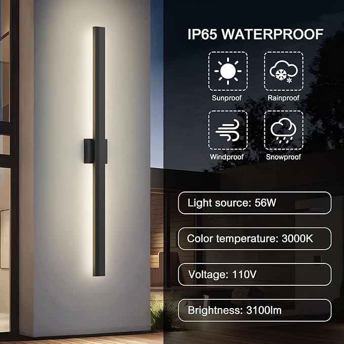 LamQee 47.2 In Aluminum Long Outdoor Wall Light, 3000K 3100LM Integrated LED Waterproof IP65, Linear Modern Exterior Lighting Fixtures Wall Mount Outside Sconce for House Porch Patio Garage Front Door