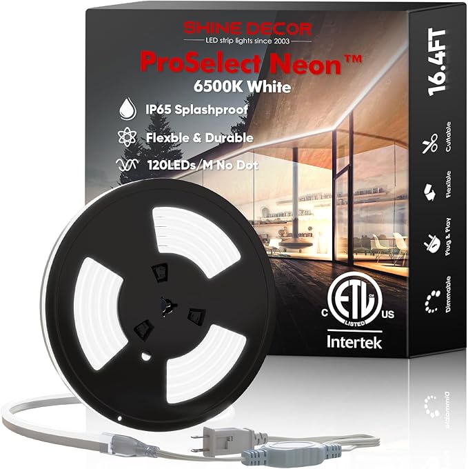 Shine Decor LED Neon Rope Lights AC 120V, ETL-Listed Flexible 120LEDs/M Dotless Strip Lighting, Custom Cuttable & IP65 Waterproof for Indoor Outdoor, 7x14.5mm, 6500K Cool White, 16.4FT