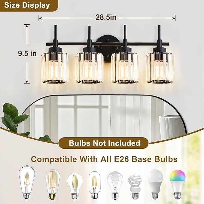 4 Light Round Crystal Vanity Lights, Modern Black Crystal Wall Light Bath Mirror Light Fixture Over Mirror Bathroom Wall Sconces for Bathroom Living Room