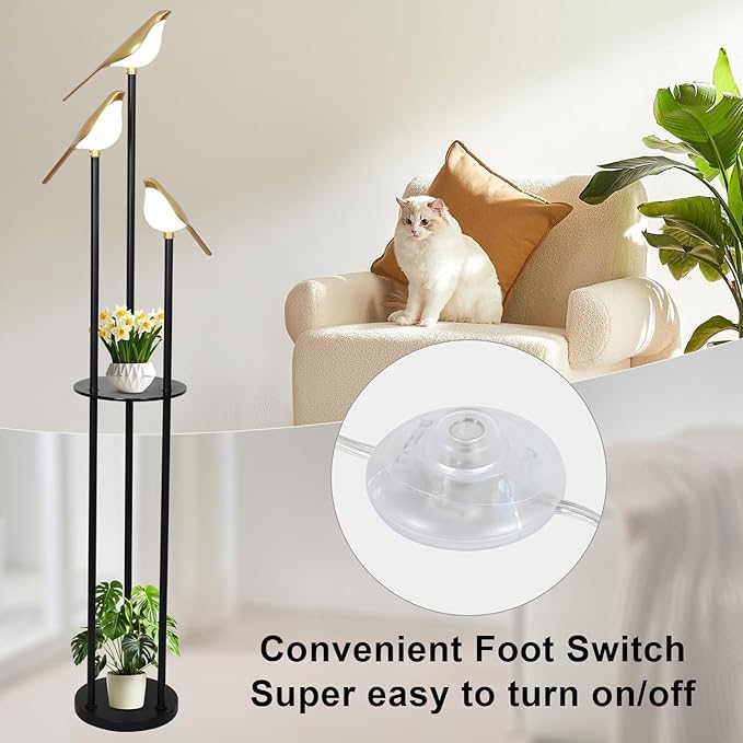 Black and Gold Floor Lamp, Bird Floor Lamp with Shelves, Modern floor Lamps for Living Room, 3-Light Corner Standing Lamp, LED Stand Up Lamp, Tall Lamp for Bedroom, Office, Cute Lighting Decor