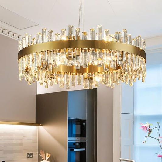 Siljoy Modern Crystal Chandelier 16-Light Large Luxury Gold 2-Tiers Raindrop Chandelier Flush Mount Crystal Pendant Ceiling Light Fixture for Living Room Dining Room Entryway Foyer D31.5''