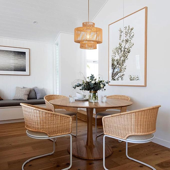 Boho Chandelier Rattan Pendant Light for Dinning Room Bohemian Hanging Lights 3-Tier Rattan Chandelier Basket Light Woven Light for Bedroom Entrance Hallway Kitchen Island Light Fixture