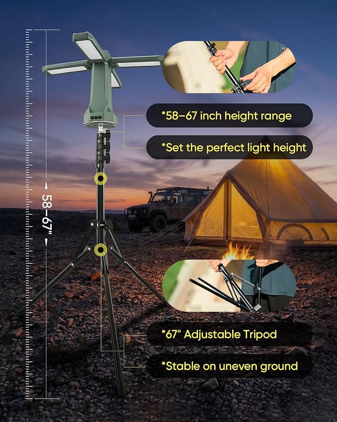 Portable Camping Light with Stand 67'' Rechargeable Work Light - 6500Lumen, 20000mAh Battery, 2700K-6000K Dimmable Camping Lattern with Magnetic Base for Camping, Garage, Emergency