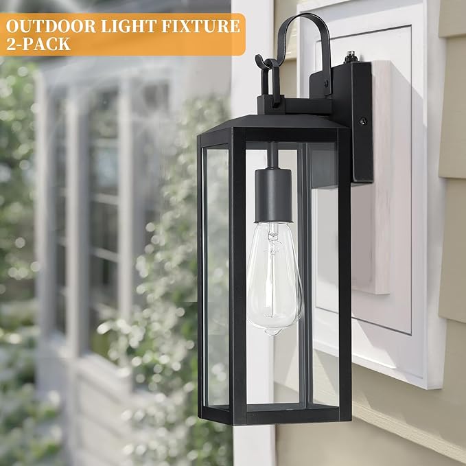 16'' Large Dusk to Dawn Outdoor Lighting 2 Packs, Modern Outdoor Lanterns for Porch, Waterproof Exterior Light Fixture Wall Sconces Lamps, Outside Lights for House Patio, Garage, Farmhouse, Black