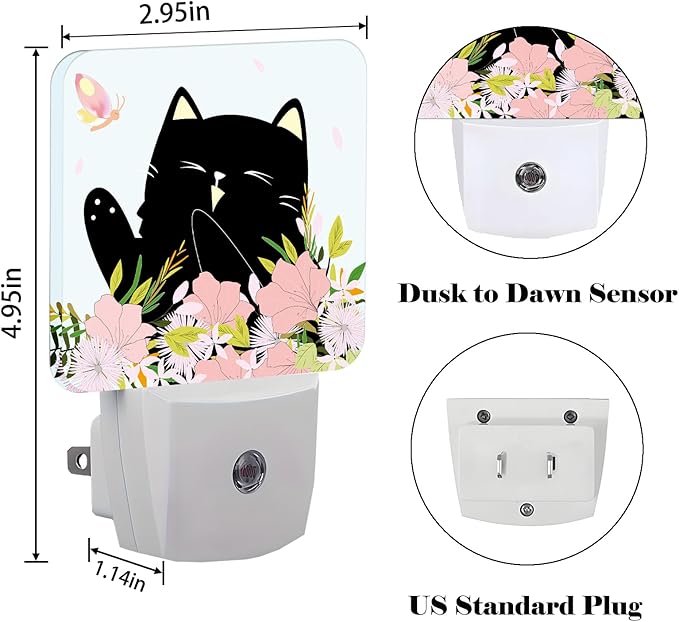 Black Cat and Flowers Night Light,Plug Into Wall for Boys Girls Bedroom Decorative Square Night Light Lamp 0.5w Sleep Friendly