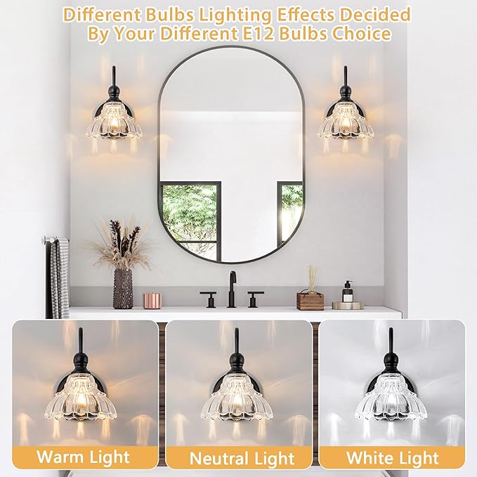 Vintage Bathroom Light Fixtures Over Mirror, 1-Light Black Wall Sconce Lighting with Flower Glass Shade, Farmhouse Vanity Lights for Bedroom Kitchen Living Room Hallway Light