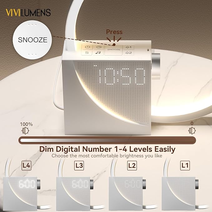 Vivilumens Sunrise Digital Alarm Clock, White Noise Sound Machine, Sleep Aid Timer with USB Port, Dimmable Digital Clocks Display, Snooze,10 Ringtones for Heavy Sleepers, Bedroom Decor Gifts for Women