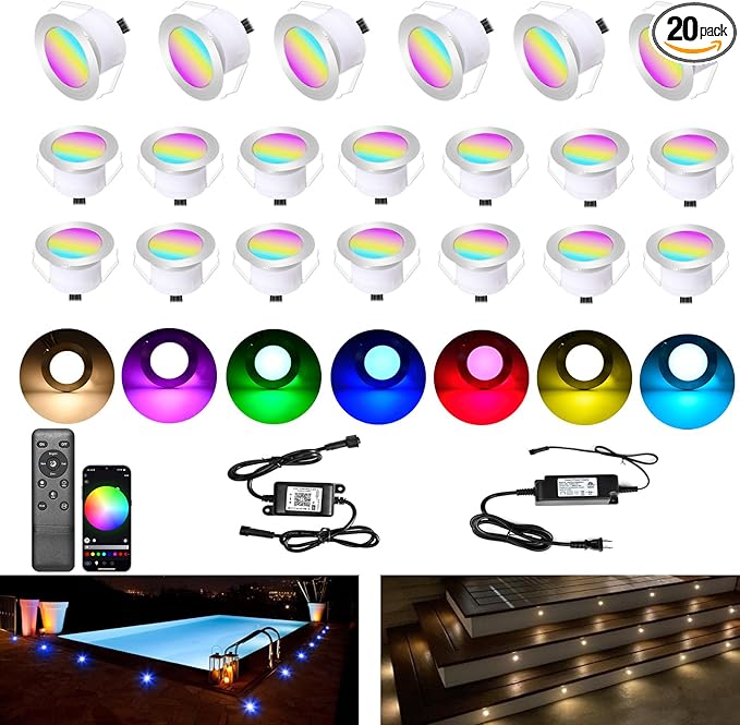 LED Deck Lights Kit, 20pcs Φ1.22 Smart WiFi Control Low Voltage RGBW Recessed LED Lighting, Waterproof Deck Stair Lights for Yard Garden Stair Patio Pool