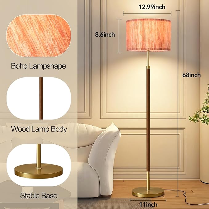 Wood Floor Lamp with 3 Color Temperatures,Vintage Floor Lamp with Remote Control,Dimmable Farmhouse Floor Lamp Mid Century Modern Standing Lamp Farmhouse Tall Pole Lamp for Living Room Bedroom