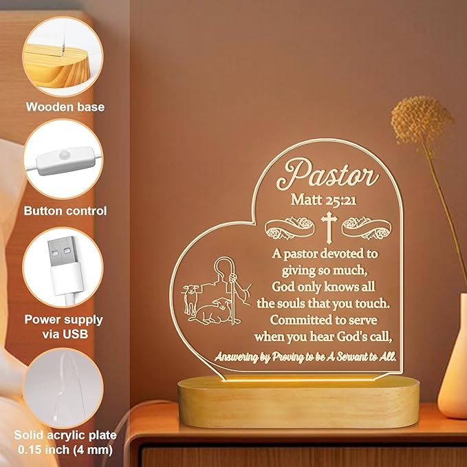 Pastor Appreciation Gifts, Pastor Gifts for Men - 3D Illusion Lamp LED Night Light, Thank You Presents for Preacher Birthday