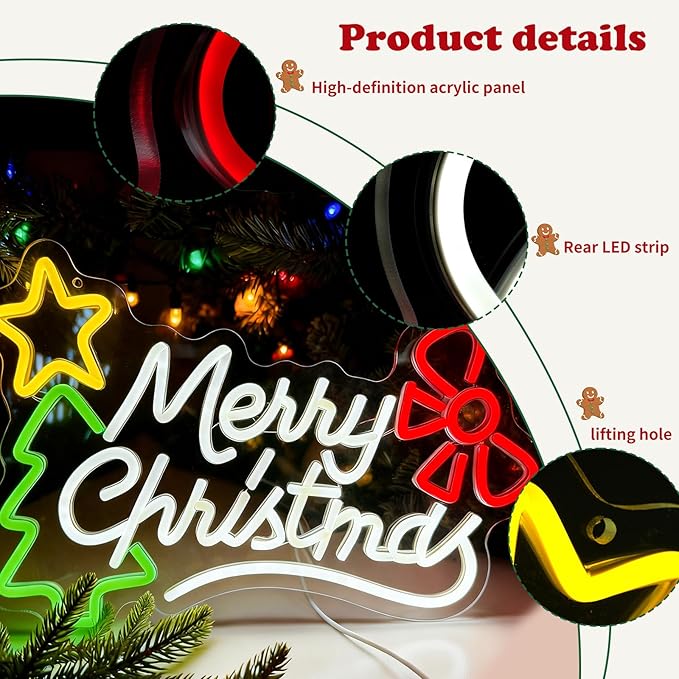 Merry Christmas Neon Sign Dimmable Christmas Neon Lights Xmas Wall Decor USB Powered Led Lights Xmas Party Bar Pub Club Winter Holiday Home Living Window Bedroom Festival Gift Decorations