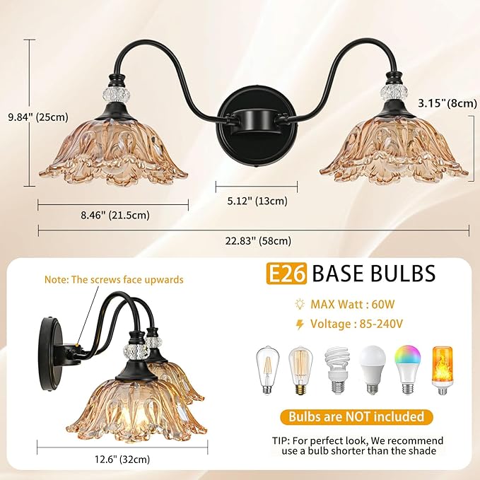 Black Bathroom Vanity Light, 2-Light Vanity Light with Floral Amber Glass Shades,Vintage Farmhouse Wall Mount Lighting for Bathroom, Dressing Table