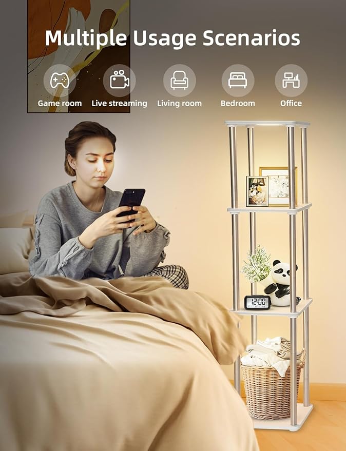 LED Floor Lamp with Shelves, Adjustable Height lamp with Shelves, Standing Lamp with APP Control,USB Port and Music Sync, Shelf Lamp for Living Room, Bedroom, 4 Tier White