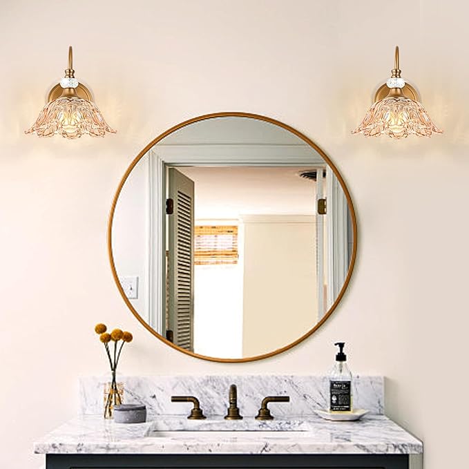 1 Piece Vintage Wall Sconce with Floral Amber Glass Shade, Matte Deep Brass Finish Wall Sconce for Bathroom,Vintage Amber Bathroom Vanity Light Fixture