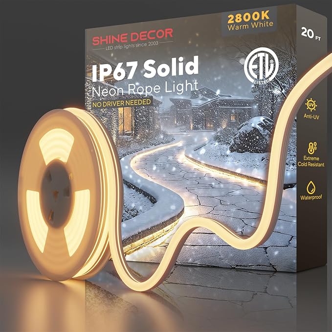 Shine Decor Outdoor LED Neon Rope Light, IP67 Waterproof Solid Silicone Enclosed Lighting Strip, ETL Listed Durable for -40F Extreme Cold Weatherproof, 120V No Driver Plug&Play 20ft 2800K Warm White