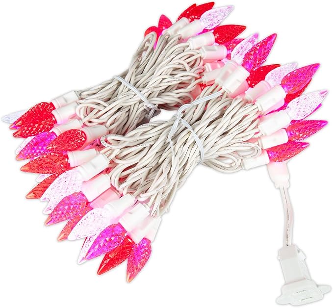 70 Light 24Ft Valentine's Day Lights Commercial String Lights C6 LED Strawberry Faceted Bulb – Red/Pink/Pure Whtie, White Wire, Indoor/Outdoor, Full Wave No Flicker, Connect 43 Sets