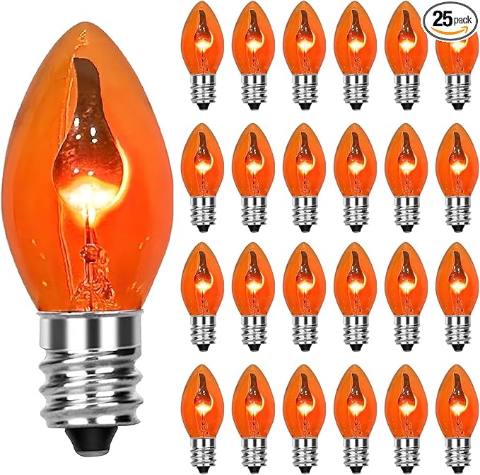 GOOTHY 25 Pack C7 Halloween Flicker Flame Light Bulbs, Orange Flickering Flame Replacement Bulbs for Chandelier Candles Christmas Outdoor String Lights, E12 Candelabra Base Night Light Bulbs, 1 Watt