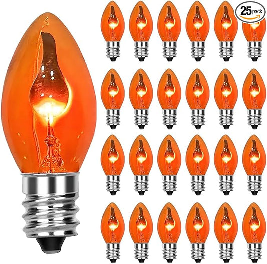 GOOTHY 25 Pack C7 Halloween Flicker Flame Light Bulbs, Orange Flickering Flame Replacement Bulbs for Chandelier Candles Christmas Outdoor String Lights, E12 Candelabra Base Night Light Bulbs, 1 Watt