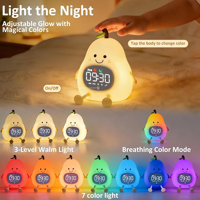 Pear Alarm Clock with Night Light for Kids with Sleep Training Light and White Noise, Rechargeable Silicone Lamp OK to Wake Clock，Cute Tabletop Clock, Perfect Sleep Companion for Boys Girls