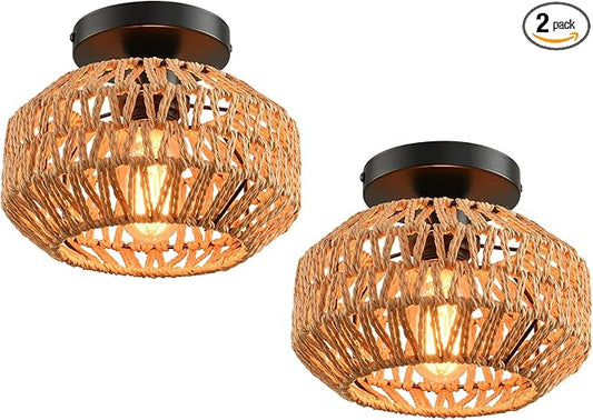 2 Pack Farmhouse Light Fixtures Ceiling Mount,Mini Rattan Boho Semi Flush Mount Ceiling Light,Hand Woven Hallway Light Fixtures for Bedroom Entryway Nursery Study Room
