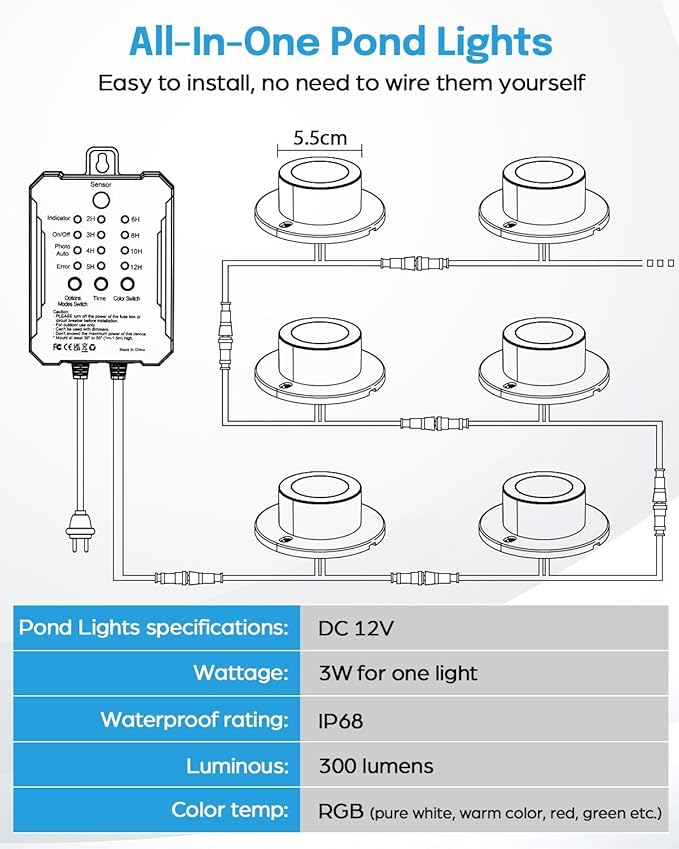 HIBOITEC LED Pond Lights, RGB Underwater Fountain Light with 12V Timer Transformer, Photocell Light Sensor, IP68 Waterproof Outdoor Underwater Lights for Outdoor Ponds Garden, 6 Pack
