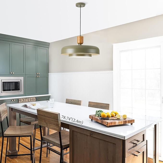Mid Century Chandelier 19.68 inch, Natural Wood and Brass Accent,2 Layered Deep Green Shade,Large Pendant Ceiling Lights for Dining Room, Kitchen,Living Room