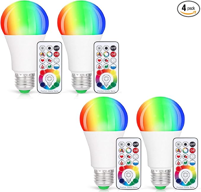 SUNNEST LED Light Bulbs, 4 Pack Dimmable E26 LED Light Bulb, 10W RGBW Color Changing Light Bulb with Remote Control, Decorative Lights, Mood Light Bulb, Great for Home Decor, Stage, Party and More