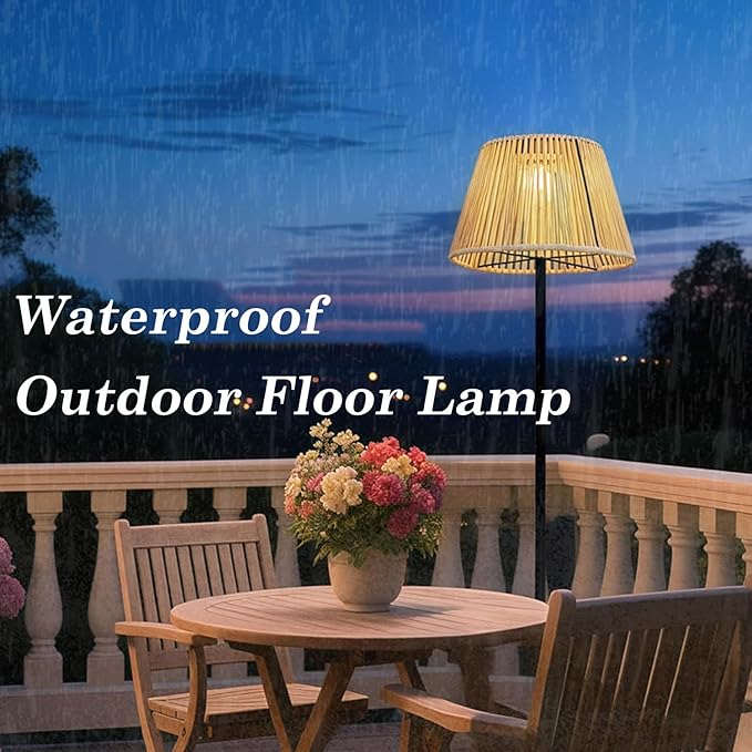 Rattan Shade Outdoor Floor Lamp,Solar Powered Wicker Standing Lamp,Waterproof Cordless Outdoor Patio Light, Modern Floor Light for Garden Yard and Porch